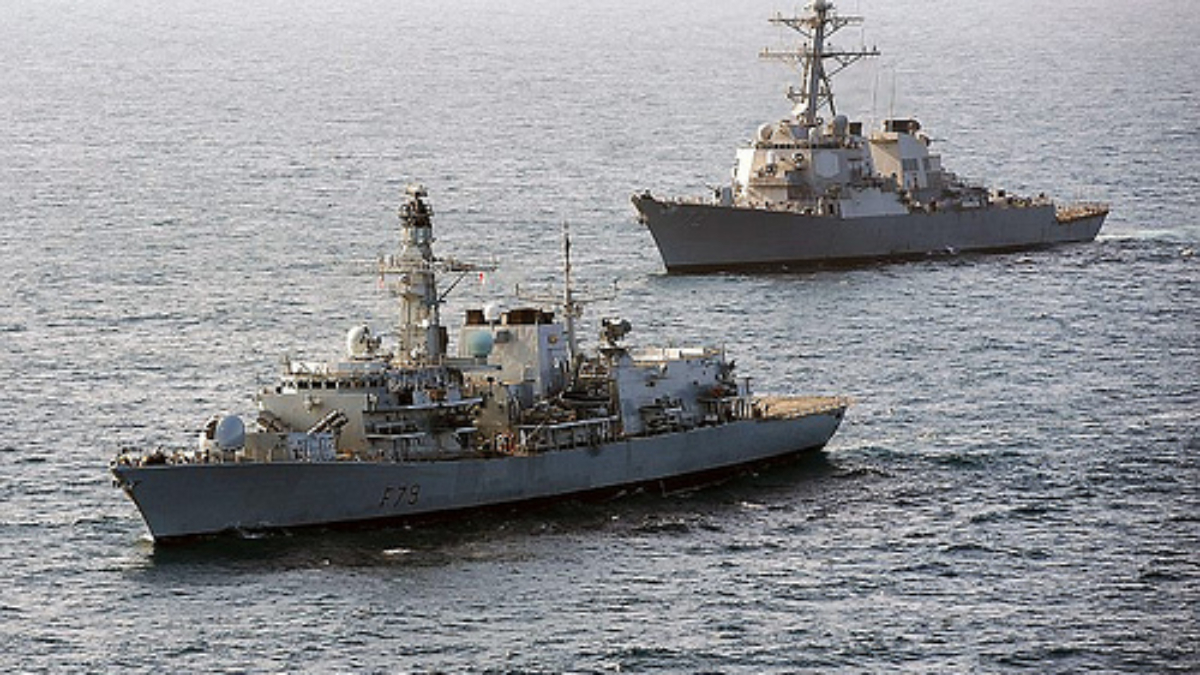 British and American ships conducting anti-piracy training in the Gulf of Aden.